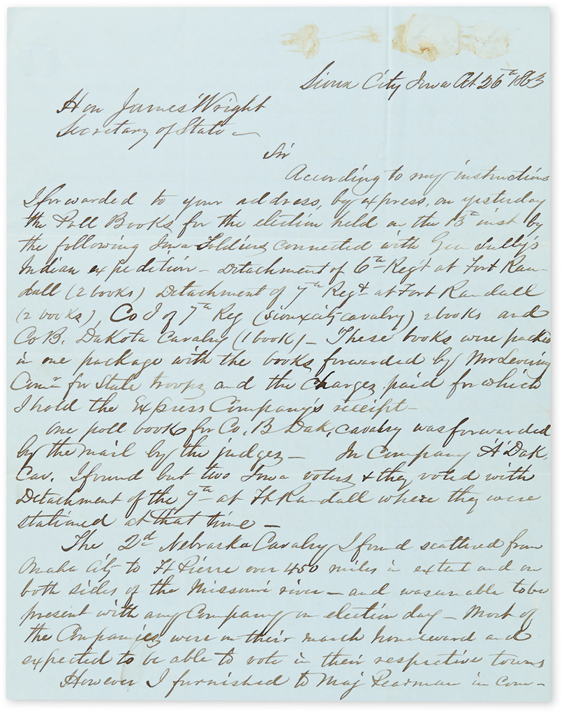 (CIVIL WAR--IOWA.) Hoskins, J.C.C. Letter describing a visit to Iowa soldiers in the Dakota Territory on the western frontier.